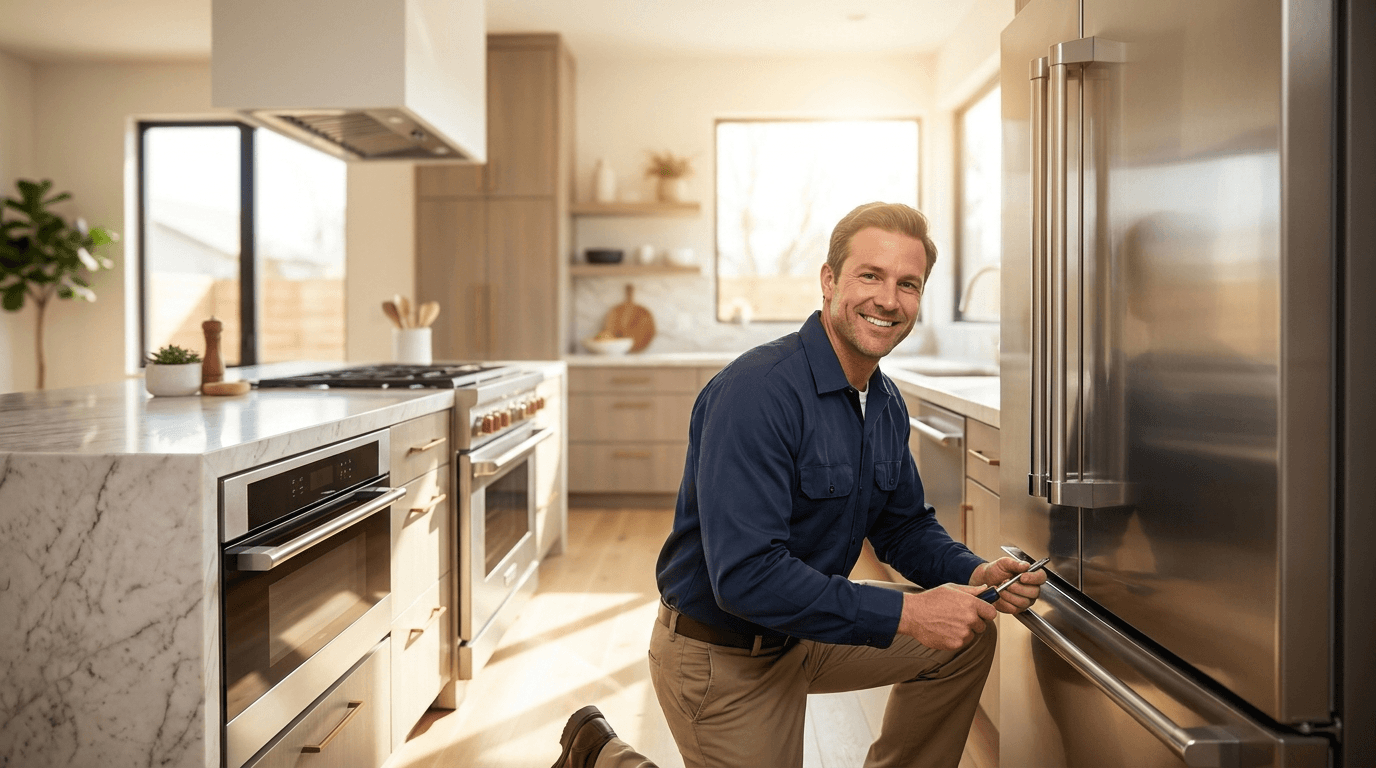 Appliance repair technician servicing a luxury kitchen refrigerator in Northern Virginia