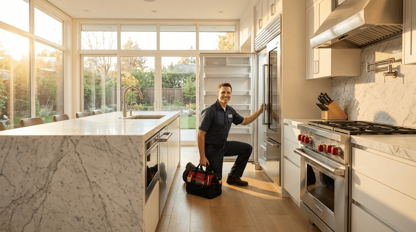 Specialist diagnosing a Sub-Zero refrigerator in a Northern Virginia kitchen