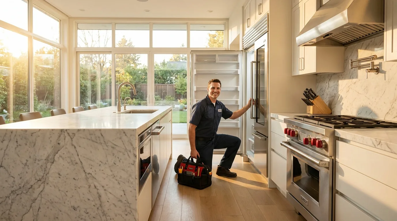 Appliance technician kneeling with his toolbag beside a built-in refrigerator in a bright kitchen
